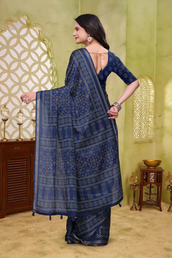 FLUIT_LESVETEMENTS_Floral_Print_Ikkat_Cotton_Blend_Saree_with_Unstitched_Blouse_(Dark_Blue)
