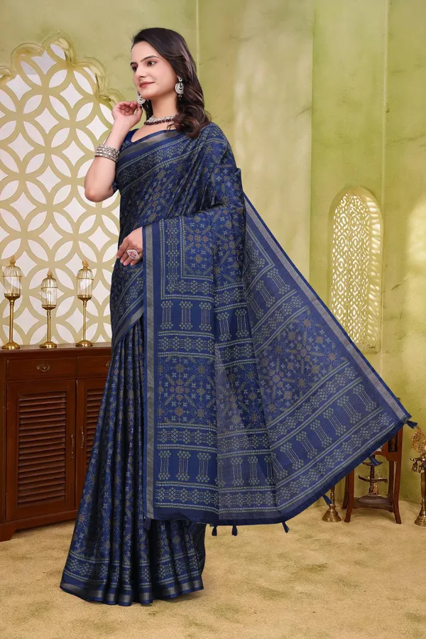 FLUIT_LESVETEMENTS_Floral_Print_Ikkat_Cotton_Blend_Saree_with_Unstitched_Blouse_(Dark_Blue)