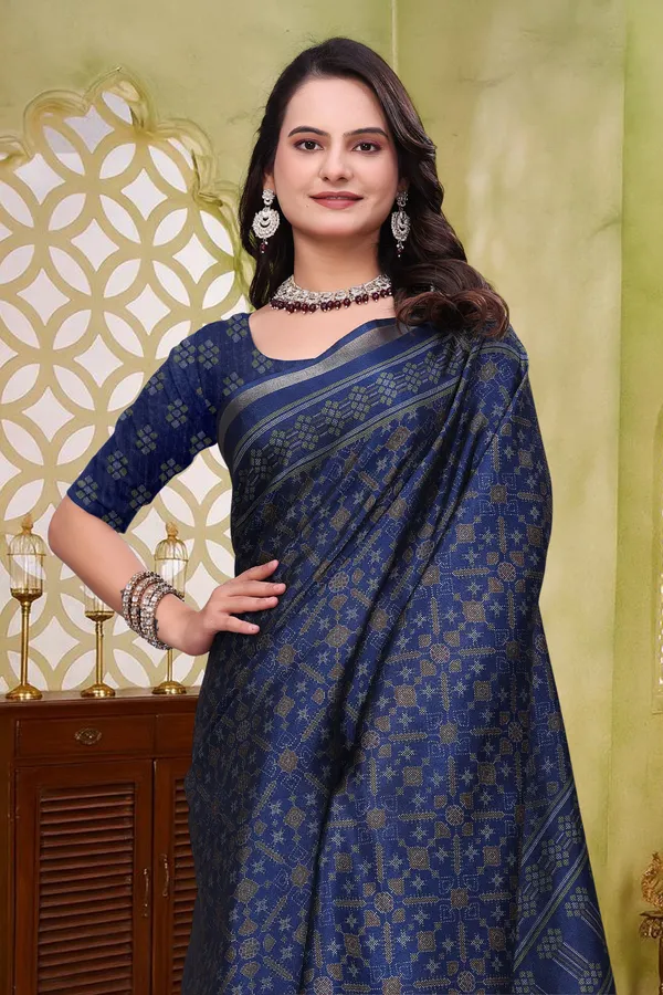 FLUIT_LESVETEMENTS_Floral_Print_Ikkat_Cotton_Blend_Saree_with_Unstitched_Blouse_(Dark_Blue)