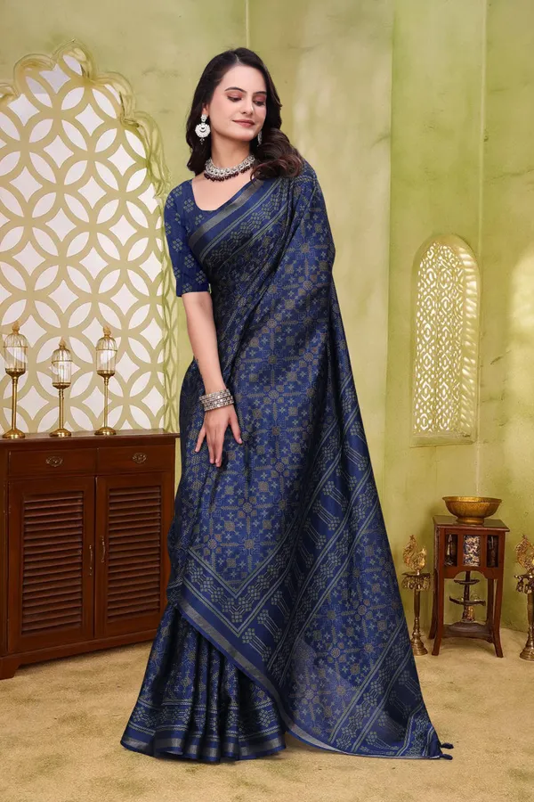 FLUIT_LESVETEMENTS_Floral_Print_Ikkat_Cotton_Blend_Saree_with_Unstitched_Blouse_(Dark_Blue)