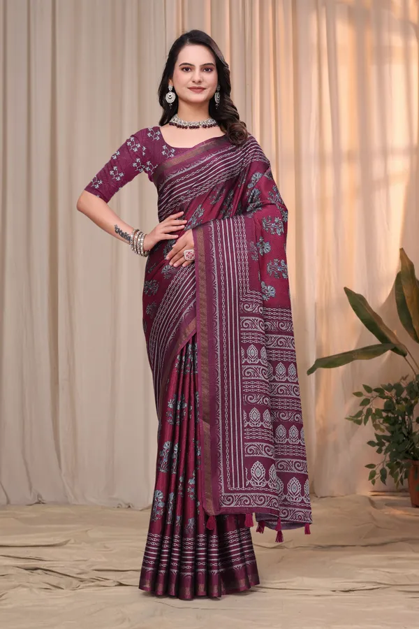 FLUIT_LESVETEMENTS_Floral_Print_Ikkat_Cotton_Blend_Saree_with_Unstitched_Blouse_(Purple)