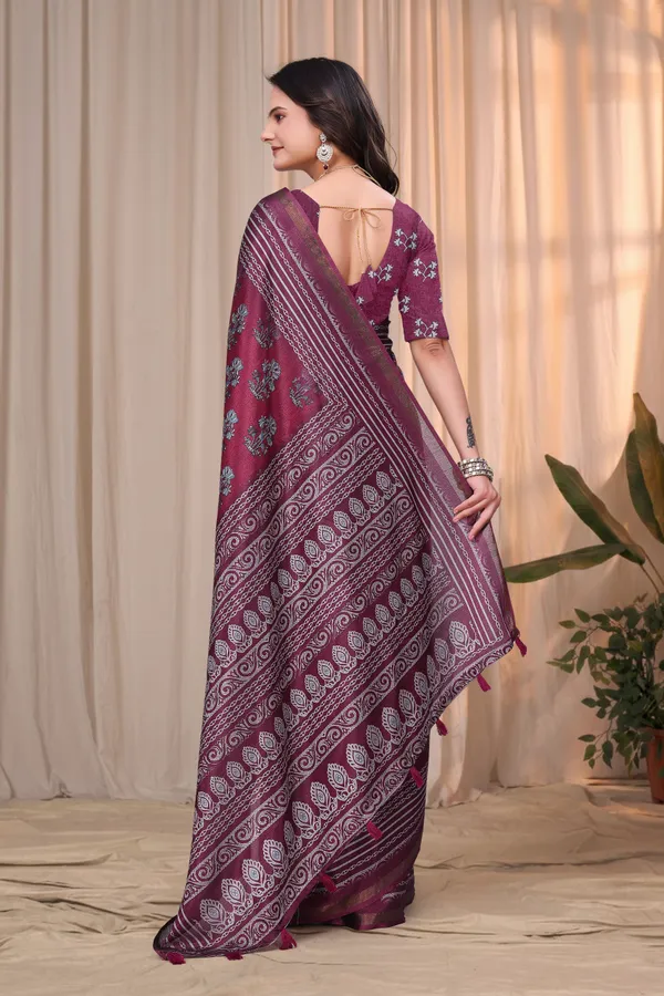 FLUIT_LESVETEMENTS_Floral_Print_Ikkat_Cotton_Blend_Saree_with_Unstitched_Blouse_(Purple)