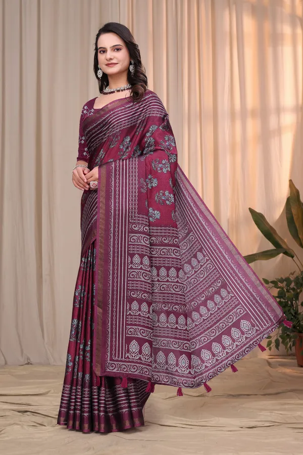 FLUIT_LESVETEMENTS_Floral_Print_Ikkat_Cotton_Blend_Saree_with_Unstitched_Blouse_(Purple)