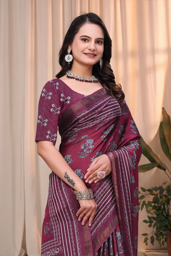 FLUIT_LESVETEMENTS_Floral_Print_Ikkat_Cotton_Blend_Saree_with_Unstitched_Blouse_(Purple)