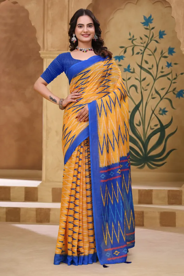 FLUIT_LESVETEMENTS_Geometric_Print_Ikkat_Cotton_Linen_Saree_with_Unstitched_Blouse_(Yellow)