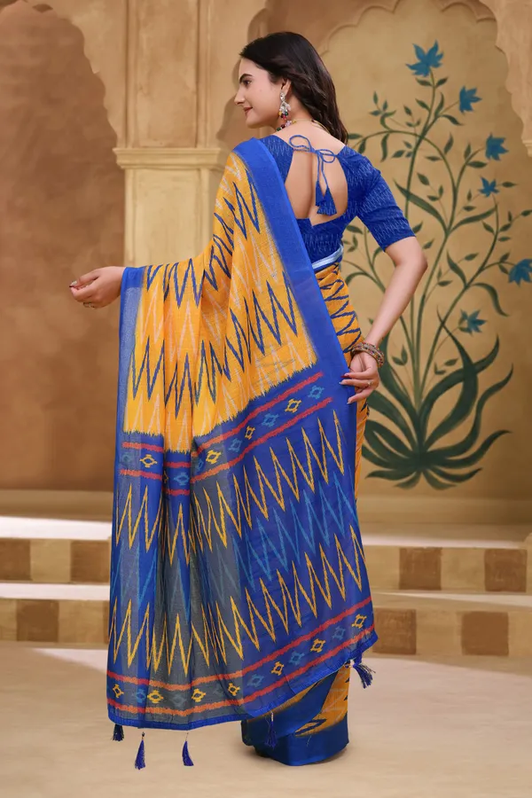 FLUIT_LESVETEMENTS_Geometric_Print_Ikkat_Cotton_Linen_Saree_with_Unstitched_Blouse_(Yellow)