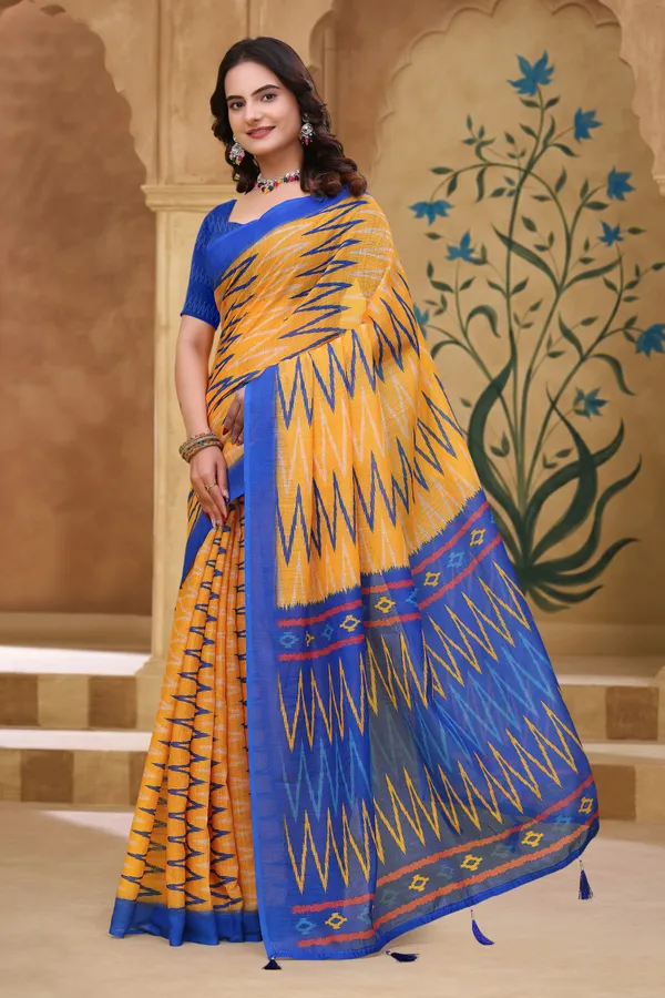FLUIT_LESVETEMENTS_Geometric_Print_Ikkat_Cotton_Linen_Saree_with_Unstitched_Blouse_(Yellow)