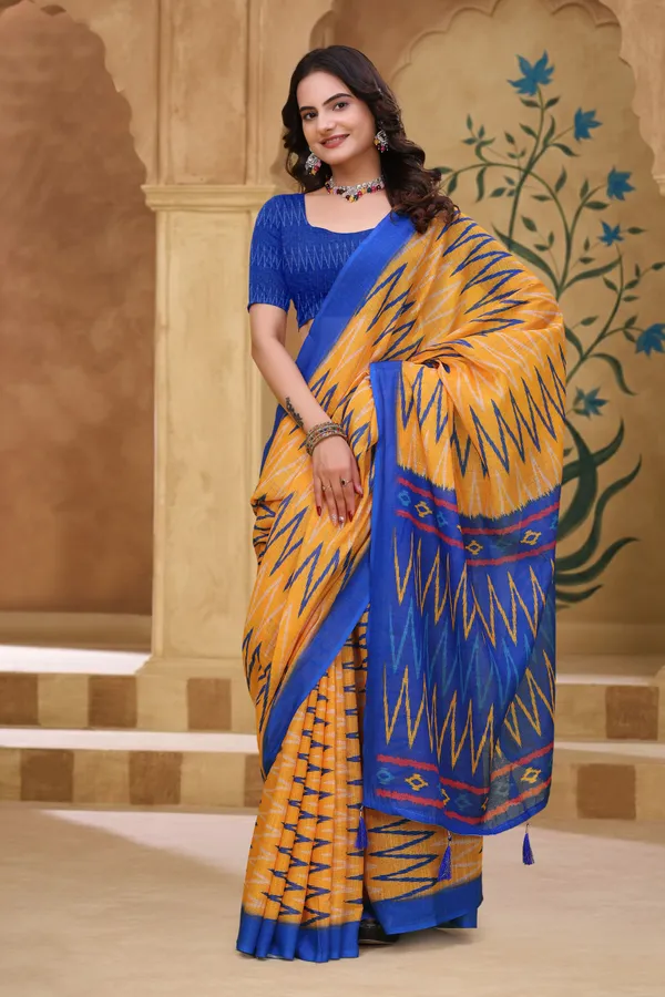 FLUIT_LESVETEMENTS_Geometric_Print_Ikkat_Cotton_Linen_Saree_with_Unstitched_Blouse_(Yellow)