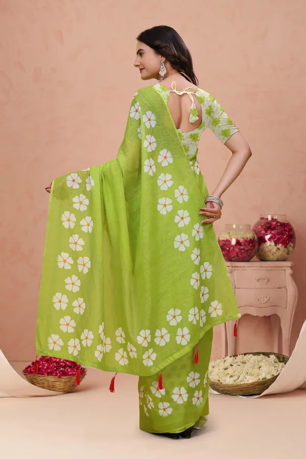 FLUIT_LESVETEMENTS_Geometric_Print_Ikkat_Cotton_Linen_Saree_with_Unstitched_Blouse_(Light_Green)
