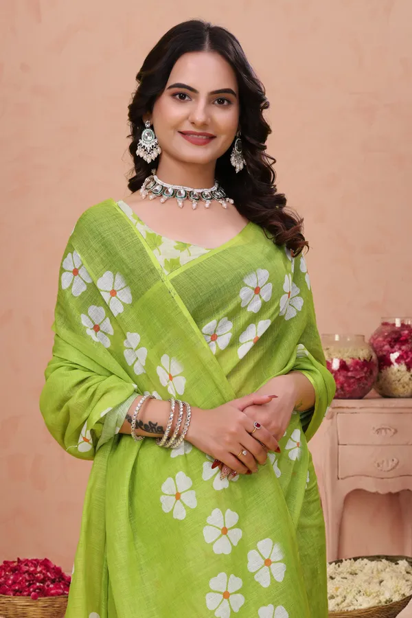 FLUIT_LESVETEMENTS_Geometric_Print_Ikkat_Cotton_Linen_Saree_with_Unstitched_Blouse_(Light_Green)