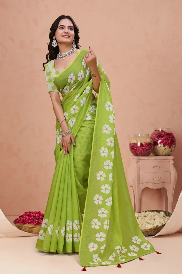 FLUIT_LESVETEMENTS_Geometric_Print_Ikkat_Cotton_Linen_Saree_with_Unstitched_Blouse_(Light_Green)