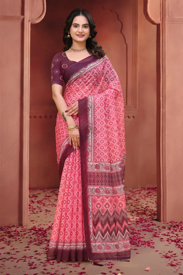 FLUIT_LESVETEMENTS_Geometric_Print_Ikkat_Cotton_Linen_Saree_with_Unstitched_Blouse_(Pink)