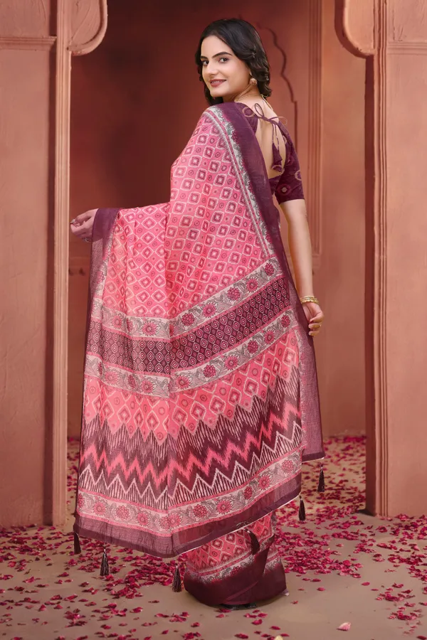FLUIT_LESVETEMENTS_Geometric_Print_Ikkat_Cotton_Linen_Saree_with_Unstitched_Blouse_(Pink)