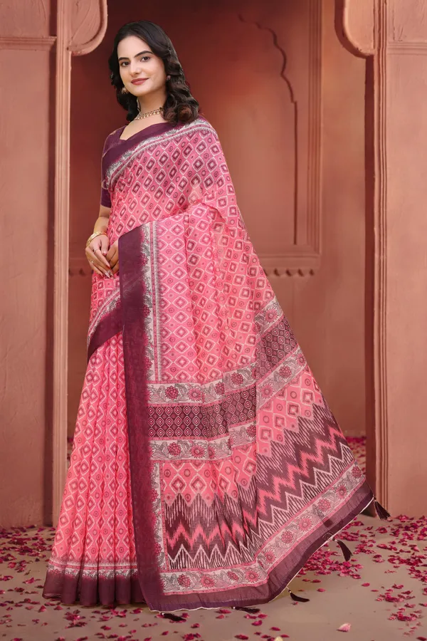 FLUIT_LESVETEMENTS_Geometric_Print_Ikkat_Cotton_Linen_Saree_with_Unstitched_Blouse_(Pink)