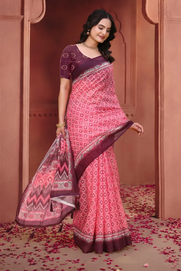 FLUIT_LESVETEMENTS_Geometric_Print_Ikkat_Cotton_Linen_Saree_with_Unstitched_Blouse_(Pink)