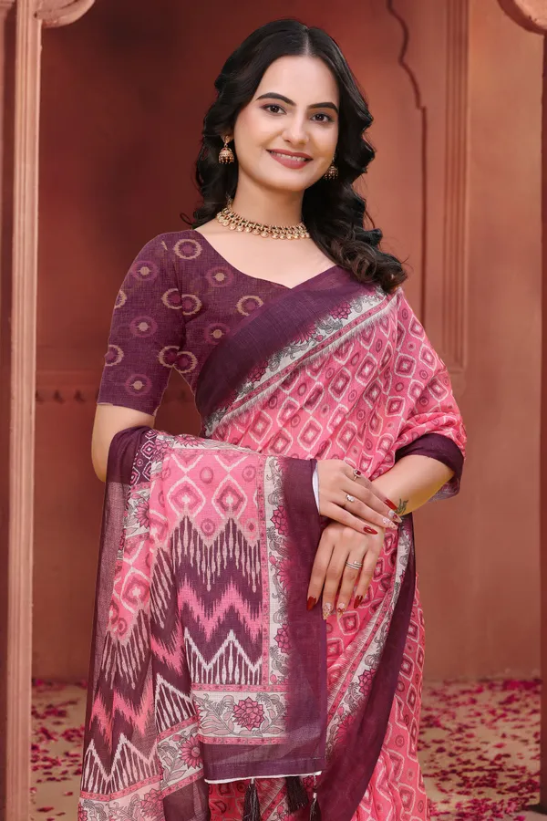 FLUIT_LESVETEMENTS_Geometric_Print_Ikkat_Cotton_Linen_Saree_with_Unstitched_Blouse_(Pink)