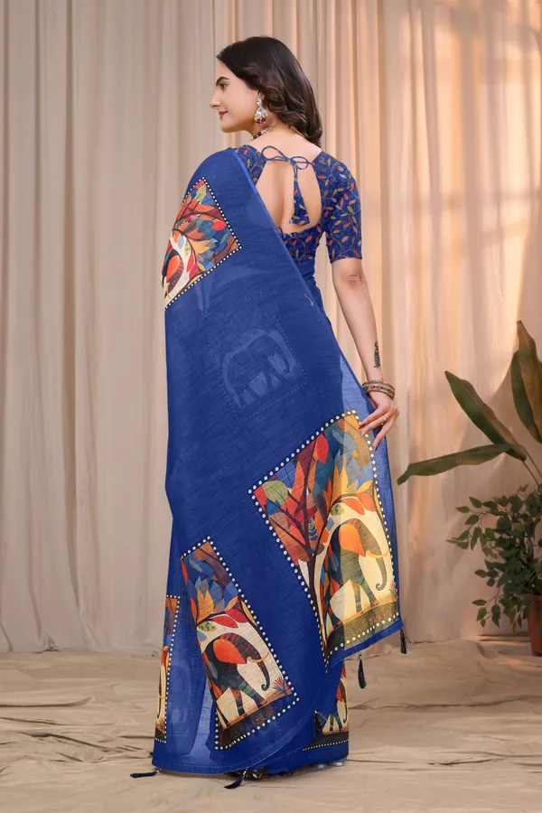FLUIT_LESVETEMENTS_Geometric_Print_Ikkat_Cotton_Linen_Saree_with_Unstitched_Blouse_(Dark_Blue)