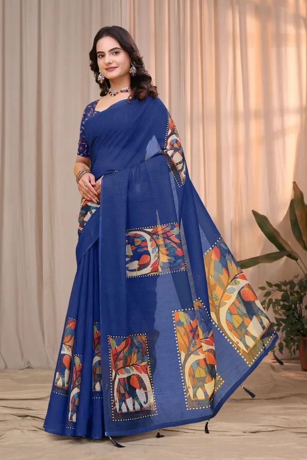 FLUIT_LESVETEMENTS_Geometric_Print_Ikkat_Cotton_Linen_Saree_with_Unstitched_Blouse_(Dark_Blue)
