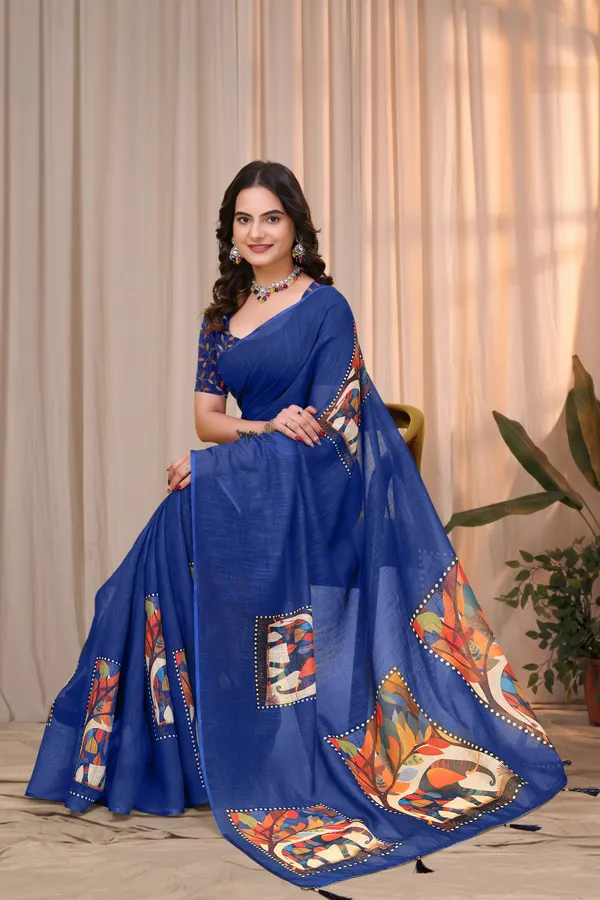 FLUIT_LESVETEMENTS_Geometric_Print_Ikkat_Cotton_Linen_Saree_with_Unstitched_Blouse_(Dark_Blue)