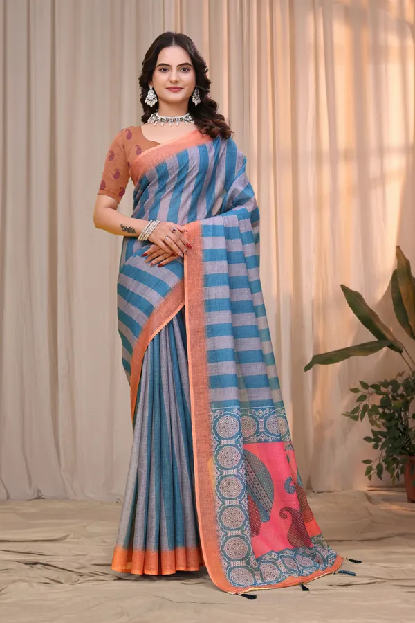 FLUIT_LESVETEMENTS_Geometric_Print_Ikkat_Cotton_Linen_Saree_with_Unstitched_Blouse_(Grey)