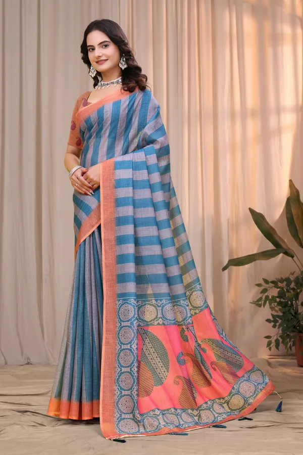 FLUIT_LESVETEMENTS_Geometric_Print_Ikkat_Cotton_Linen_Saree_with_Unstitched_Blouse_(Grey)