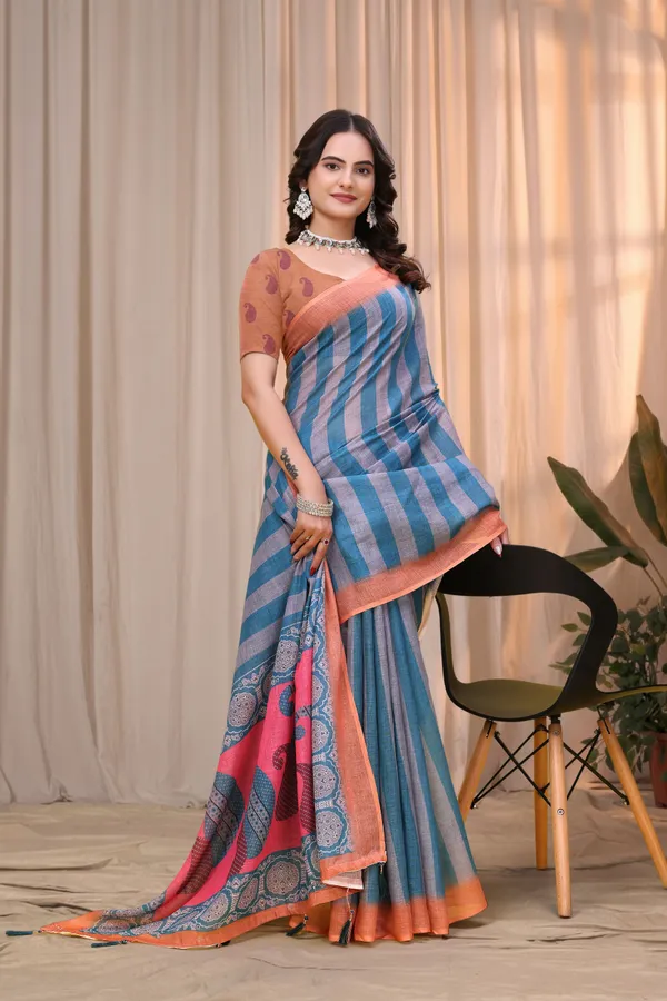 FLUIT_LESVETEMENTS_Geometric_Print_Ikkat_Cotton_Linen_Saree_with_Unstitched_Blouse_(Grey)