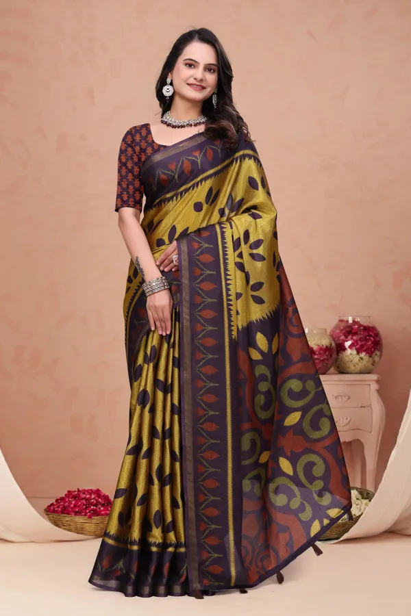 FLUIT_LESVETEMENTS_Printed_Daily_Wear_Cotton_Blend_Saree_with_Unstitched_Blouse_(Gold)