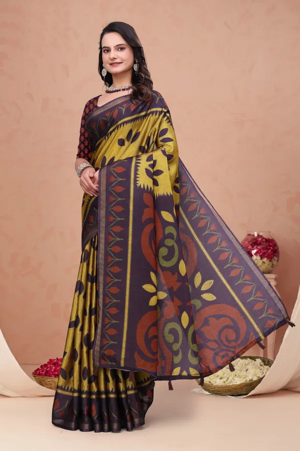 FLUIT_LESVETEMENTS_Printed_Daily_Wear_Cotton_Blend_Saree_with_Unstitched_Blouse_(Gold)