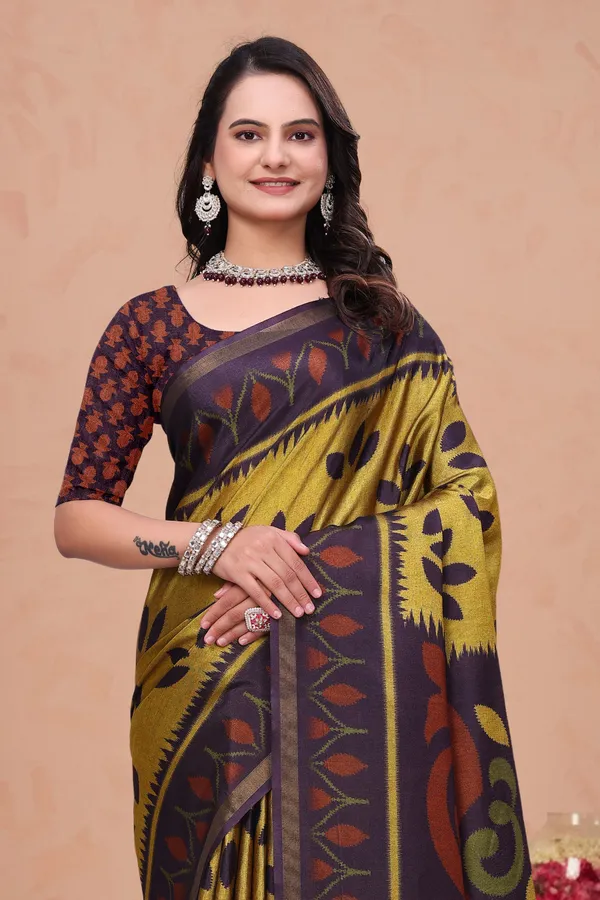 FLUIT_LESVETEMENTS_Printed_Daily_Wear_Cotton_Blend_Saree_with_Unstitched_Blouse_(Gold)