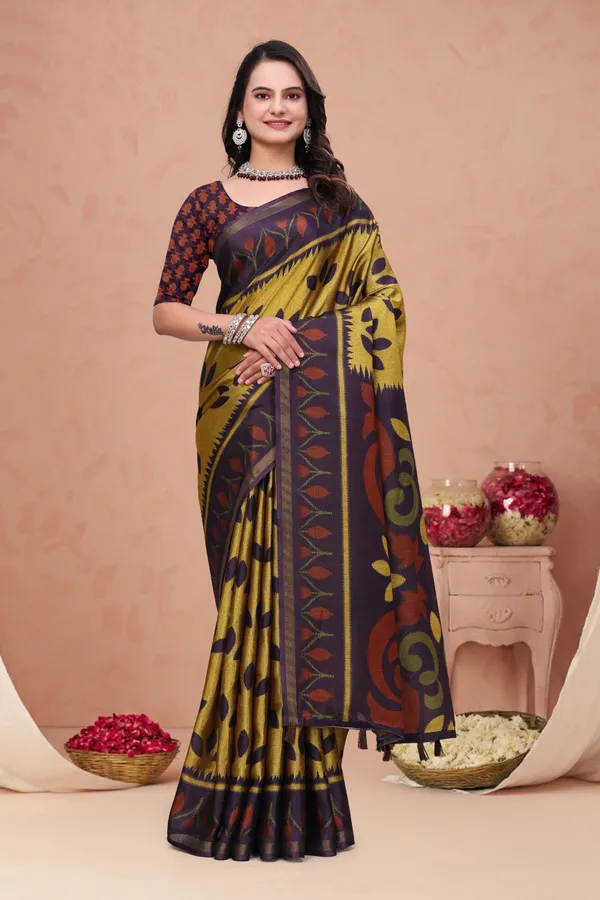 FLUIT_LESVETEMENTS_Printed_Daily_Wear_Cotton_Blend_Saree_with_Unstitched_Blouse_(Gold)