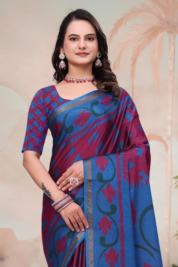 FLUIT_LESVETEMENTS_Printed_Daily_Wear_Cotton_Blend_Saree_with_Unstitched_Blouse_(Purple)