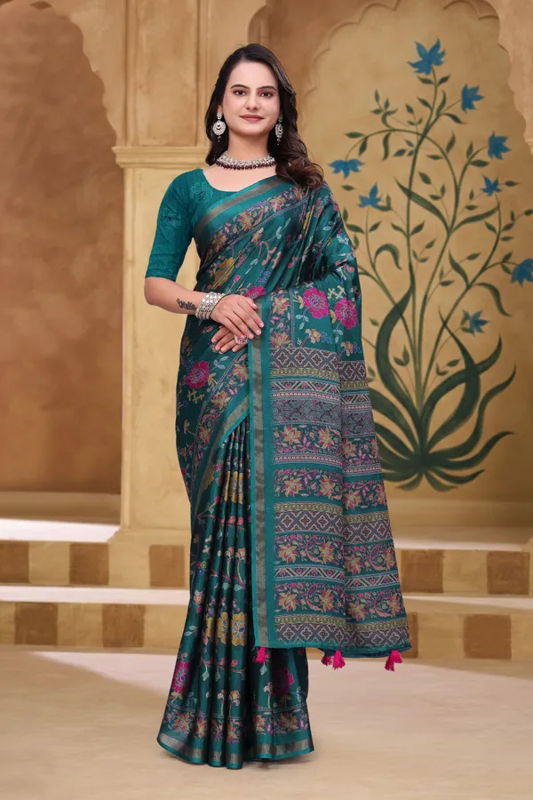 FLUIT_LESVETEMENTS_Floral_Print_Bollywood_Cotton_Blend_Saree_with_Unstitched_Blouse_(Dark_Green)