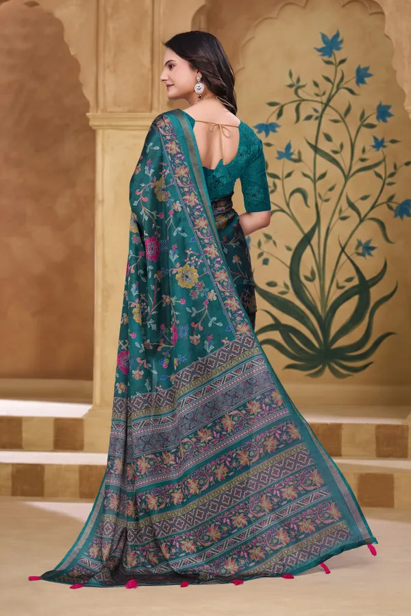 FLUIT_LESVETEMENTS_Floral_Print_Bollywood_Cotton_Blend_Saree_with_Unstitched_Blouse_(Dark_Green)
