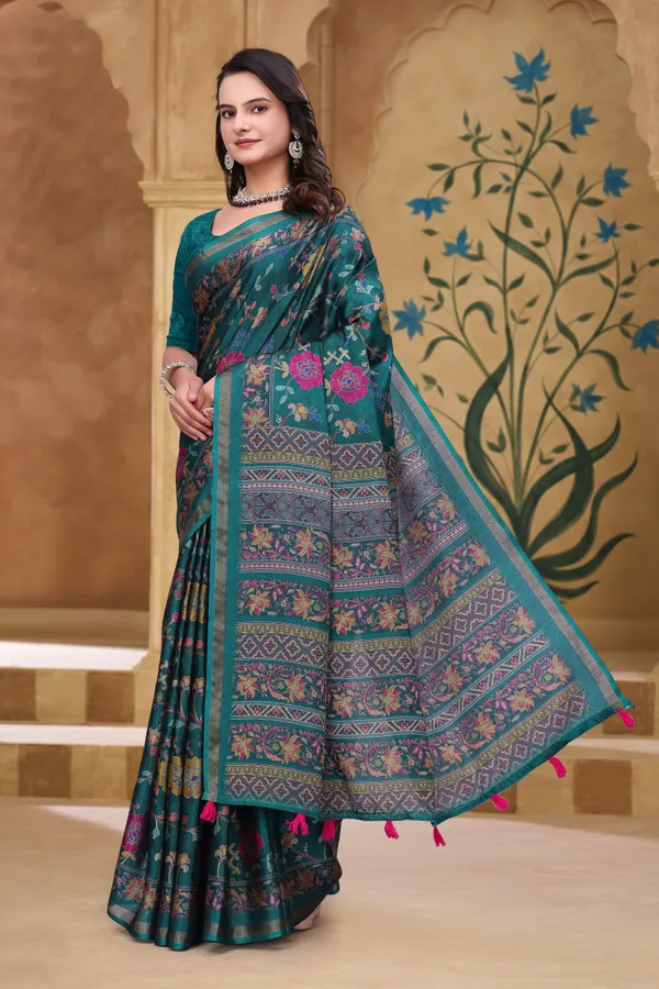 FLUIT_LESVETEMENTS_Floral_Print_Bollywood_Cotton_Blend_Saree_with_Unstitched_Blouse_(Dark_Green)