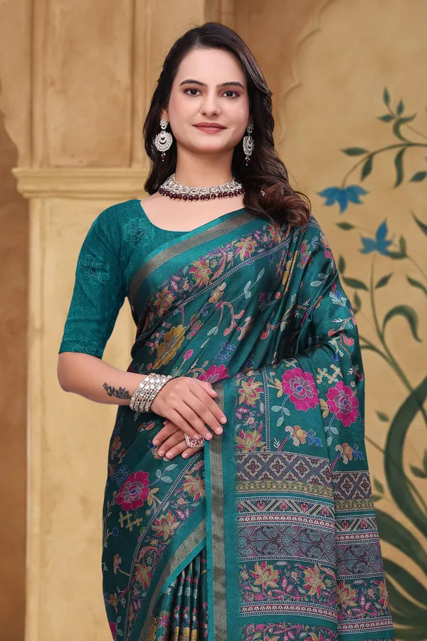 FLUIT_LESVETEMENTS_Floral_Print_Bollywood_Cotton_Blend_Saree_with_Unstitched_Blouse_(Dark_Green)