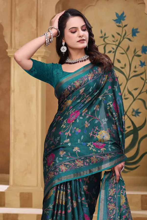 FLUIT_LESVETEMENTS_Floral_Print_Bollywood_Cotton_Blend_Saree_with_Unstitched_Blouse_(Dark_Green)