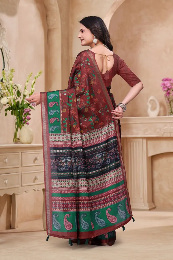 FLUIT_LESVETEMENTS_Printed_Bollywood_Cotton_Blend_Saree_with_Unstitched_Blouse_(Maroon)