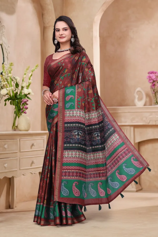 FLUIT_LESVETEMENTS_Printed_Bollywood_Cotton_Blend_Saree_with_Unstitched_Blouse_(Maroon)