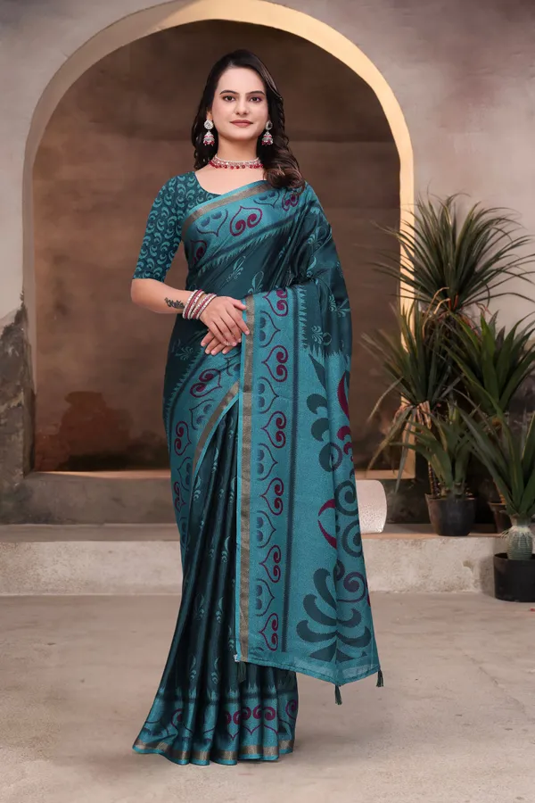 FLUIT_LESVETEMENTS_Printed_Daily_Wear_Cotton_Blend_Saree_with_Unstitched_Blouse_(Dark_Green)