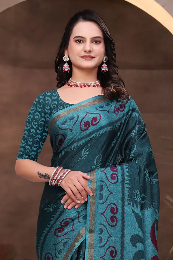 FLUIT_LESVETEMENTS_Printed_Daily_Wear_Cotton_Blend_Saree_with_Unstitched_Blouse_(Dark_Green)