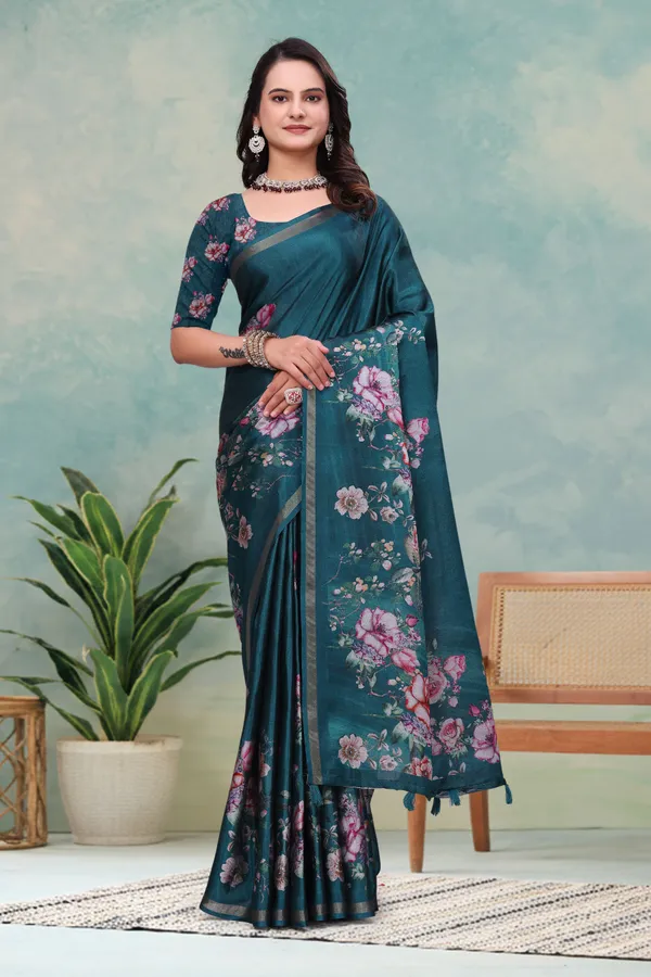 FLUIT_LESVETEMENTS_Floral_Print_Bollywood_Cotton_Blend_Saree_with_Unstitched_Blouse_(Dark_Green)