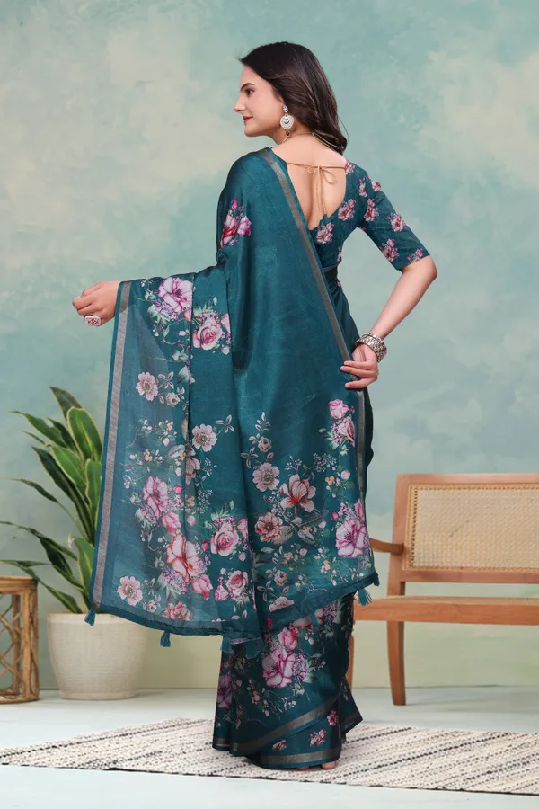 FLUIT_LESVETEMENTS_Floral_Print_Bollywood_Cotton_Blend_Saree_with_Unstitched_Blouse_(Dark_Green)