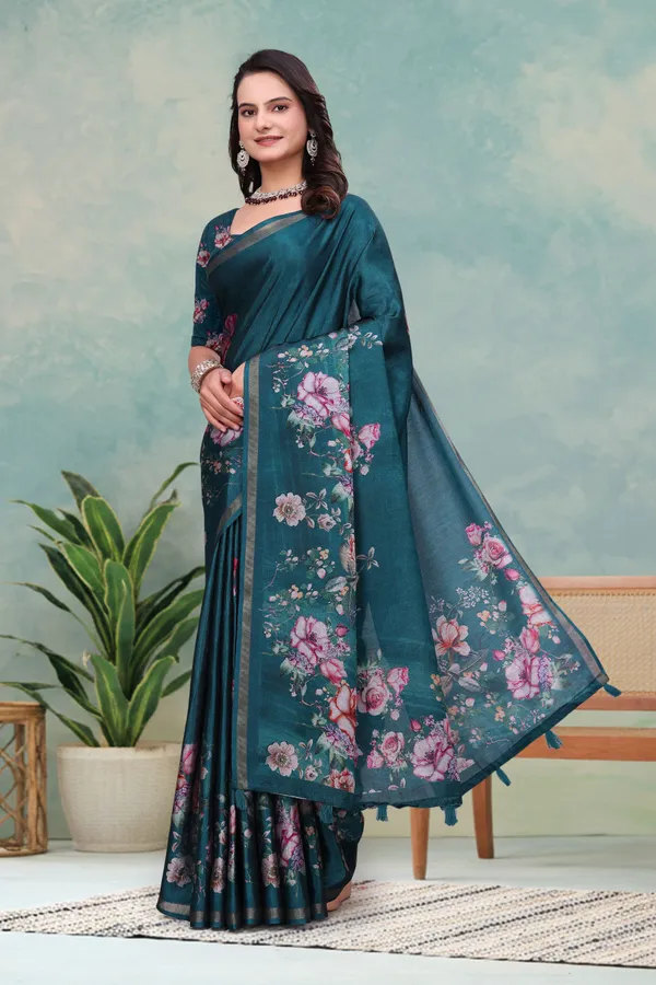 FLUIT_LESVETEMENTS_Floral_Print_Bollywood_Cotton_Blend_Saree_with_Unstitched_Blouse_(Dark_Green)
