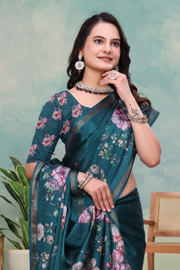 FLUIT_LESVETEMENTS_Floral_Print_Bollywood_Cotton_Blend_Saree_with_Unstitched_Blouse_(Dark_Green)