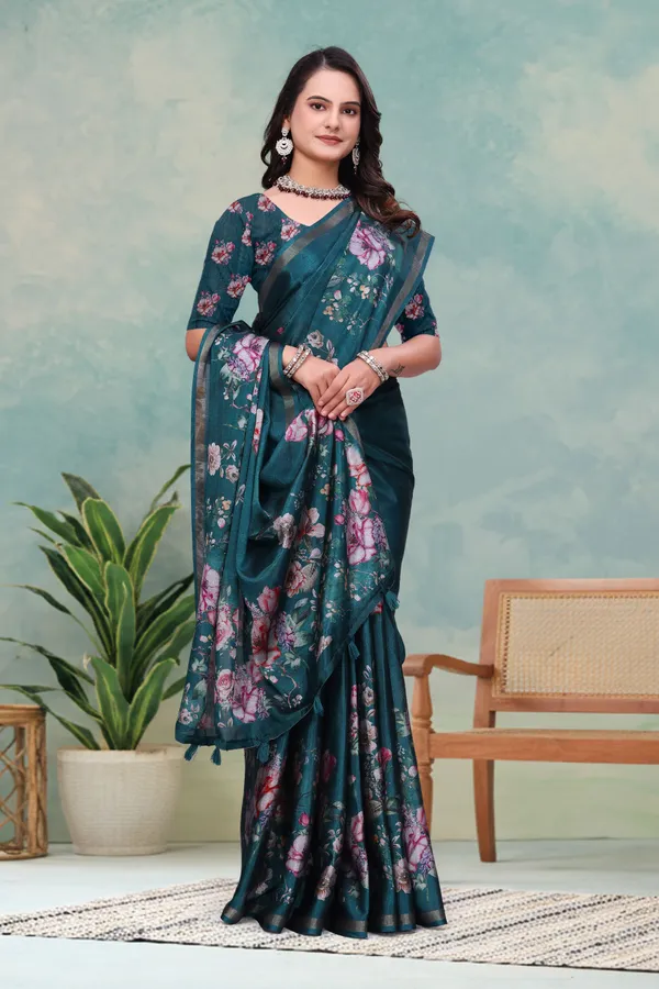 FLUIT_LESVETEMENTS_Floral_Print_Bollywood_Cotton_Blend_Saree_with_Unstitched_Blouse_(Dark_Green)