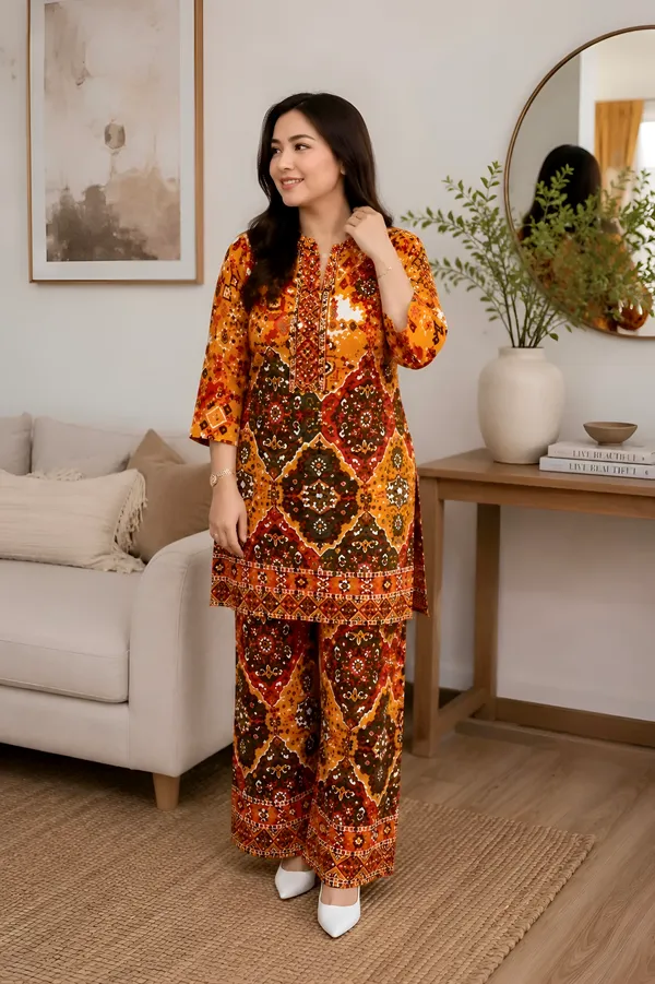 Yellow_Rayon_Ethnic_Printed_Regular_Fit_Kurta_Pant_Set_For_Women