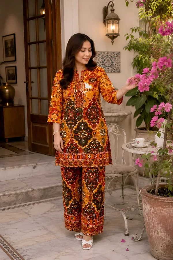 Yellow_Rayon_Ethnic_Printed_Regular_Fit_Kurta_Pant_Set_For_Women
