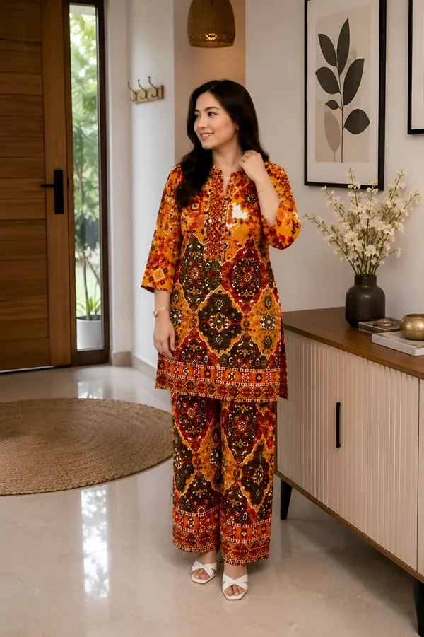 Yellow_Rayon_Ethnic_Printed_Regular_Fit_Kurta_Pant_Set_For_Women