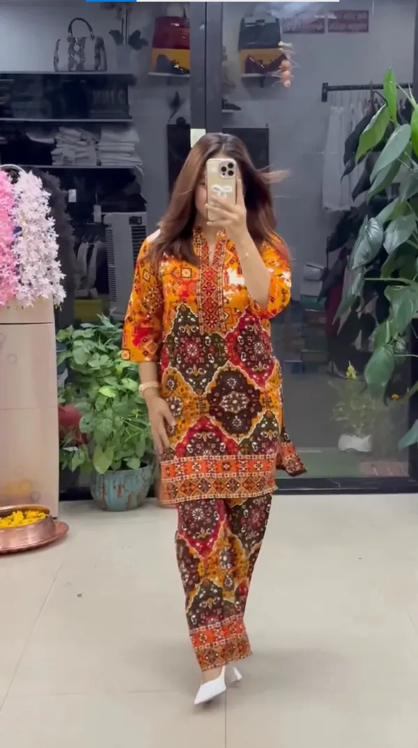 Women_S_Premium_Orange_Ethnic_Printed_Kurta_Pant_Set_Pink