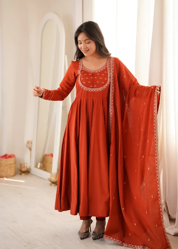 Rust_Orange_Embroidered_Anarkali_Kurta_Set_With_Dupatta